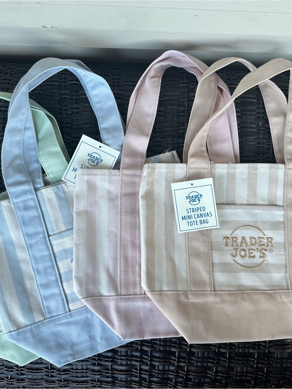 Trader Joe's Striped Mini Canvas Tote Bag - Pastel Pink, Blue, Mint, Tan